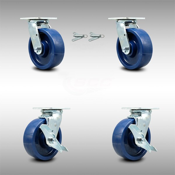 6 Inch SS Solid Poly Caster Set with Ball Bearings 2 Swivel Lock 2 Brake SCC